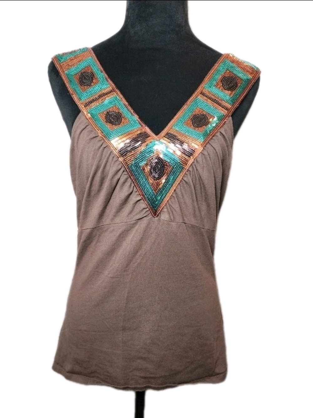 Bisou Bisou Brown Tank Top with Teal & Copper Sequined V-Neck Western-Glam Aztec